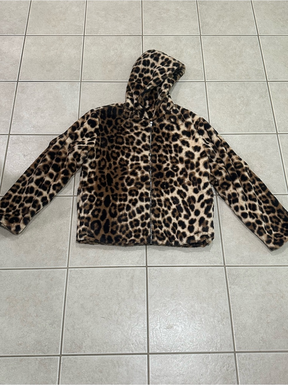 Womens Leopard Print Faux Fur Hooded Jacket - Brown